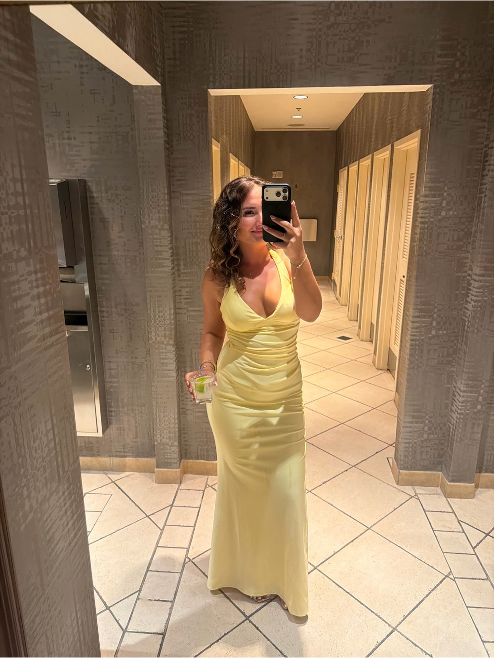 Satin Yellow Maxi Dress with V-Neck and Ruched Waist